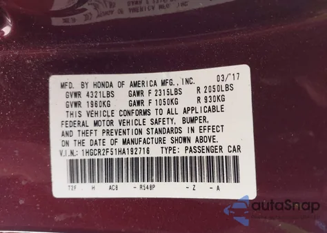 2017 Honda Accord Sport z USA, uszkodzony, nr VIN 1HGCR2F51HA192716